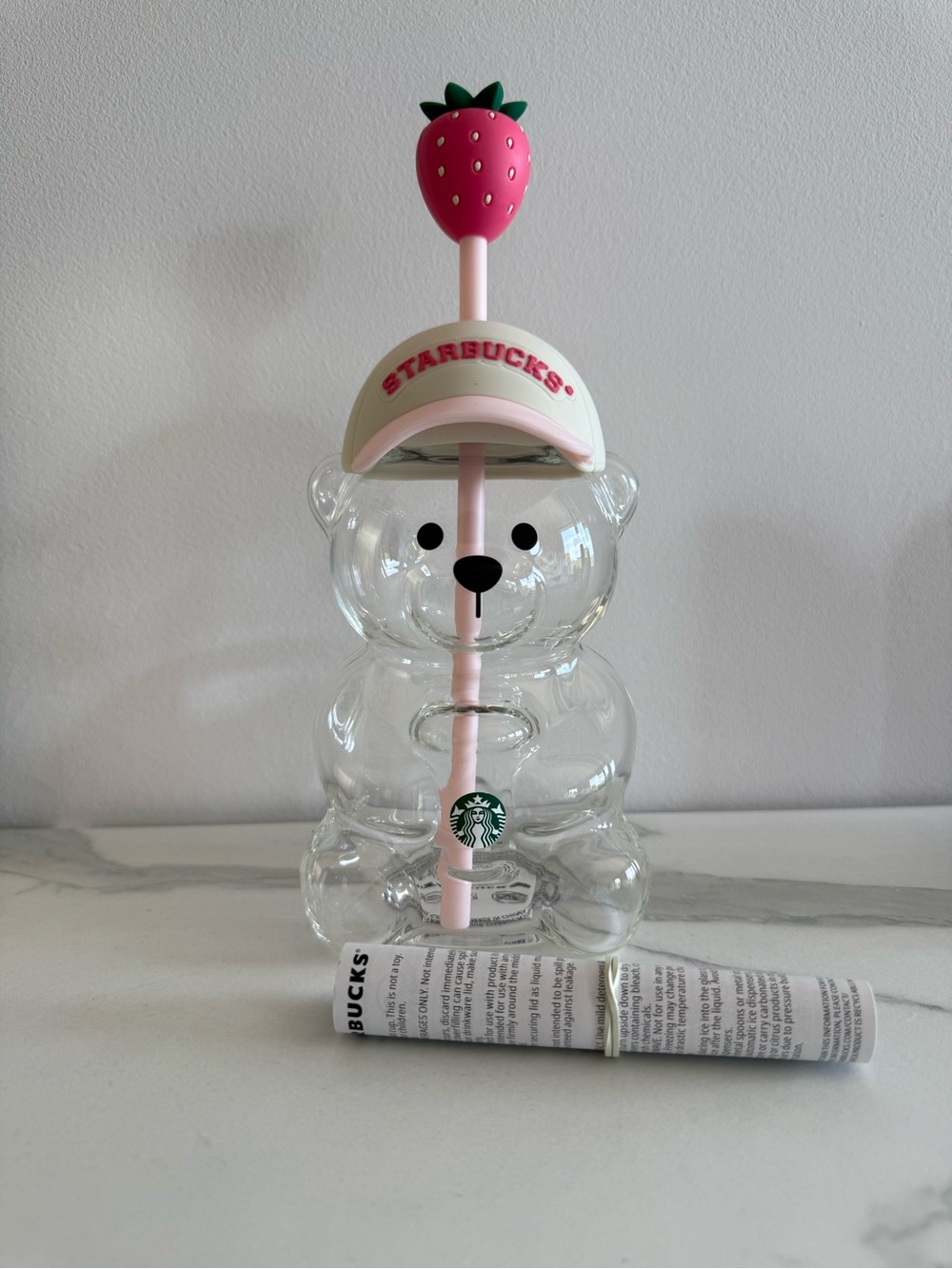Starbucks Bear Glass with Pink Strawberry Topper